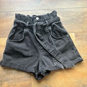 Zara High Rise Belted Paperbag Faded Black Jean Denim Short Size 00